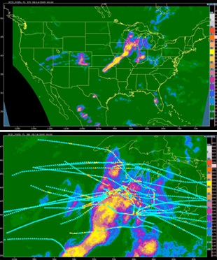 DCIT EDR output at FL370 for 00 UTC 5/14/09; (Bottom) blowup image of the upper Midwest showing overlaid 1–hr in situ EDR tracks validating the DCIT diagnosis. (Note that there are temporal offsets between the DCIT analysis time and some of the EDR measurements, so the correlation is not exact.)