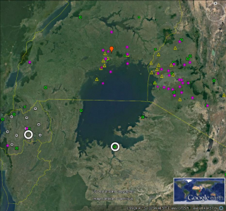 Field Campaign domain for the Lake Victoria Basin. Open white  circles show locations of existing dual-polarization radars; red balloon is the  location of the one operational upper air station; yellow triangles, white and  green squares, and magenta circles are surface stations locations