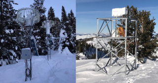 Figure 3.  Snow gauges (left) and a radiometer (right) deployed in the mountains of the Payette Basin. 