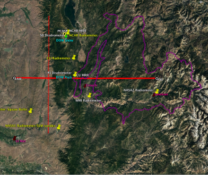 Figure 4.  Map of the SNOWIE project area (Payette Basin outlined in magenta) with sample aircraft tracks that would be flown under westerly wind flow.  The thin red north-south track represents the seeding aircraft track and the thick red west-east line represents the UWKA track.  The yellow pindrops indicate locations of microwave radiometers and the maroon pindrops indicate locations of atmospheric sounding sites.