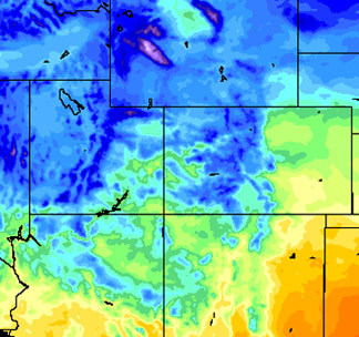Sample image of the surface air temperature generated by GRAFS at 21 UTC on April 8, 2009 zoomed in over Colorado. The impact of the complex  terrain is highlighted.